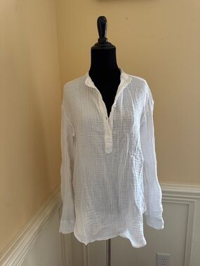 Lou & Grey White Gauze Button Henley Tunic Sz Medium